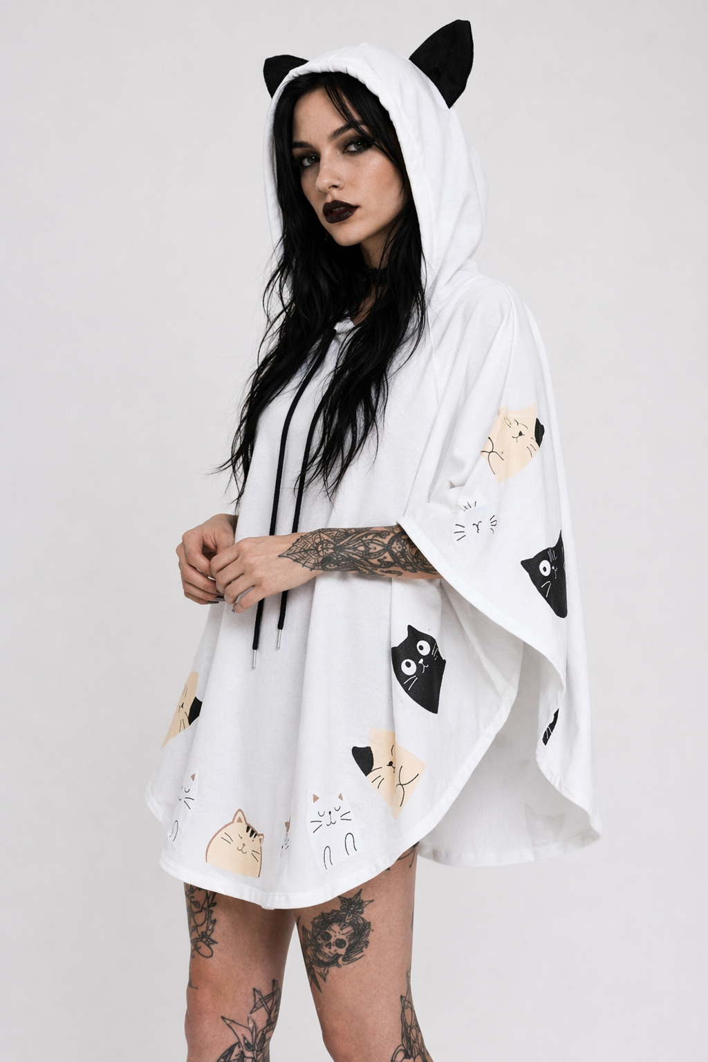 Cat Family Poncho Cape with Bear Ears for Kawaii Fashion Lovers White