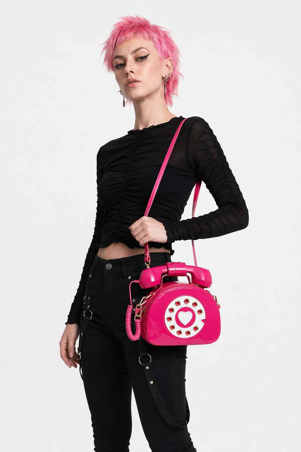 Intricately Detailed 3D Rotary Telephone Handbag in Multiple Colors Hot Pink