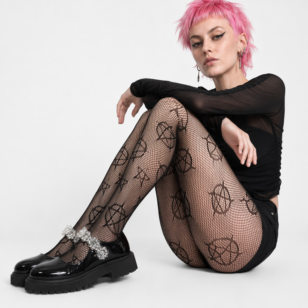 Pentagram Printed Fishnet Tights for Gothic Cospartys Black