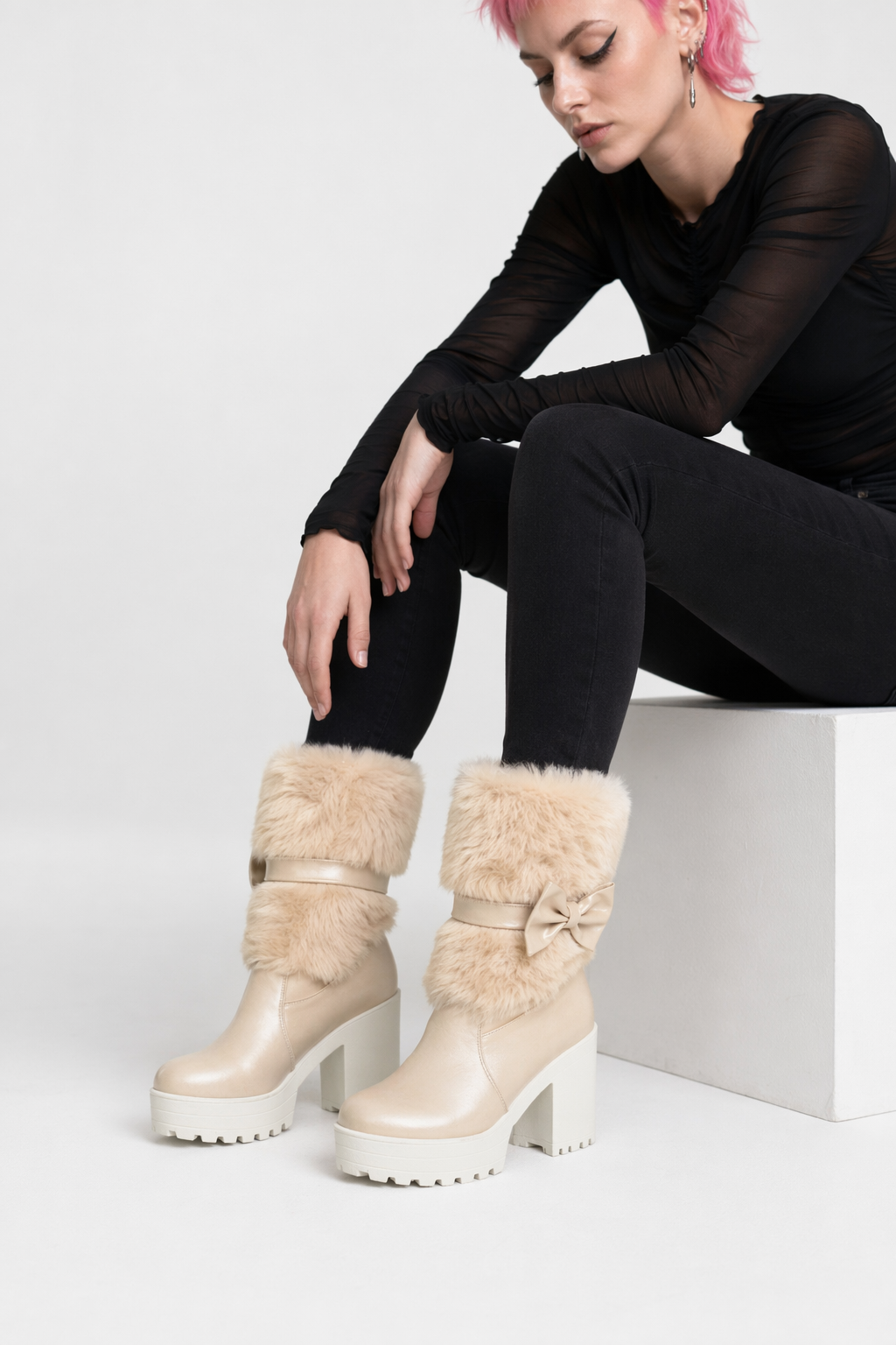 Pastel Vegan Fur Boots with Chunky Block Heel Beige