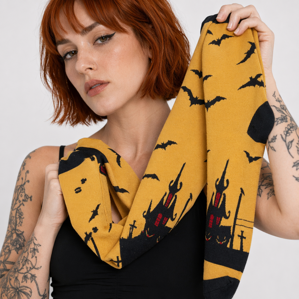 Gothic Halloween Stockings with Spooky Black and Orange Print Haunted House Version