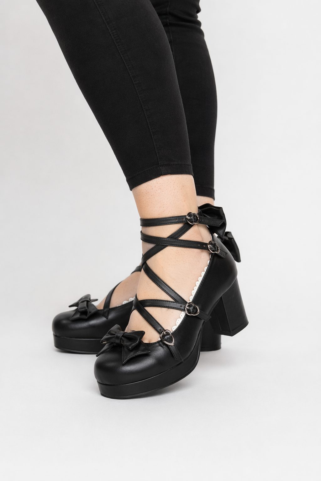 Classic Strappy Wrap-Around Ankle Lolita Shoes with Block Heel Black