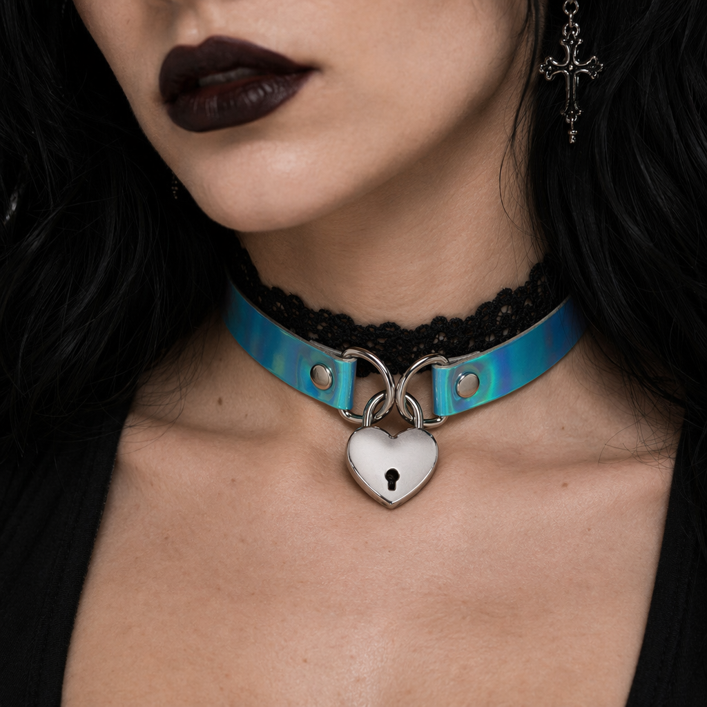 Holographic Lock and Key Choker Collar with Metal Locket Blue