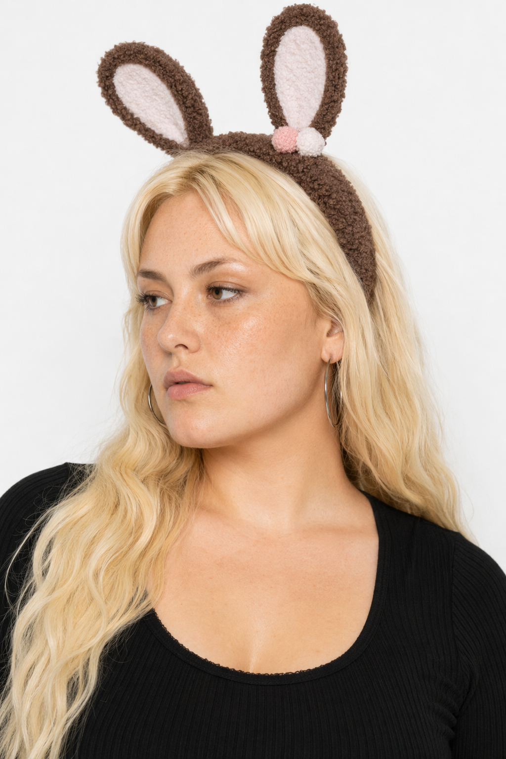 Fluffy Bunny-Eared Headband with Cute Pom Poms Dark Brown