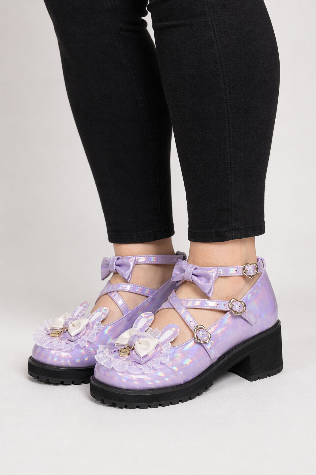 Holographic Bunny Ear Lolita Shoes for Kawaii Style Purple