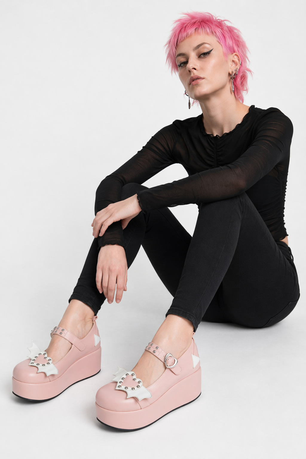 Babydoll Platform Wedge Mary Jane Shoes with Heart Buckle Pink Winged Heart