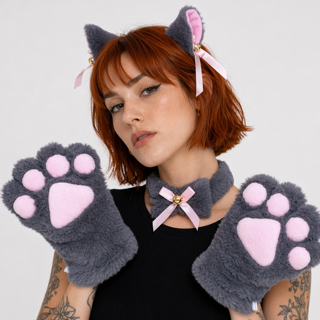 Complete Neko Cat Cosplay Accessories Set for All Sizes Gray