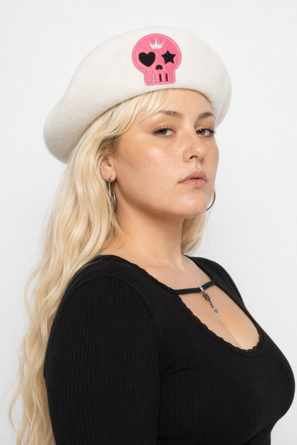 Pink Menhera Nurse Beret for Kawaii Fashion Enthusiasts White Skull