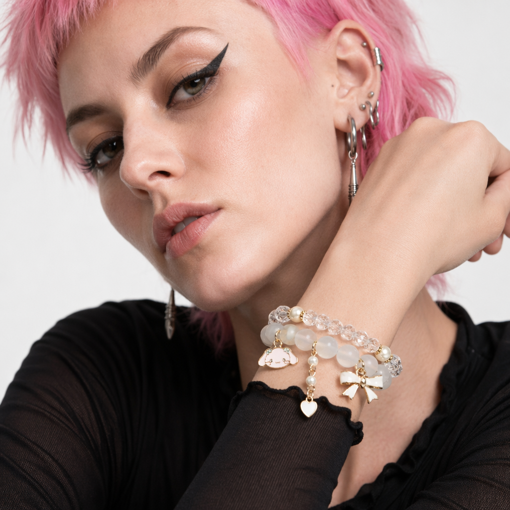 Kawaii Beaded Bracelets Inspired by Sanrio Characters White Bead Cinna