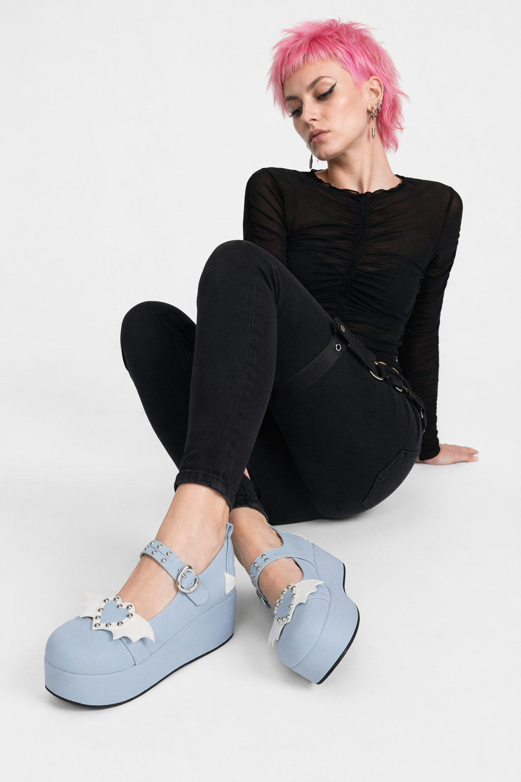 Babydoll Platform Wedge Mary Jane Shoes with Heart Buckle Blue Winged Heart