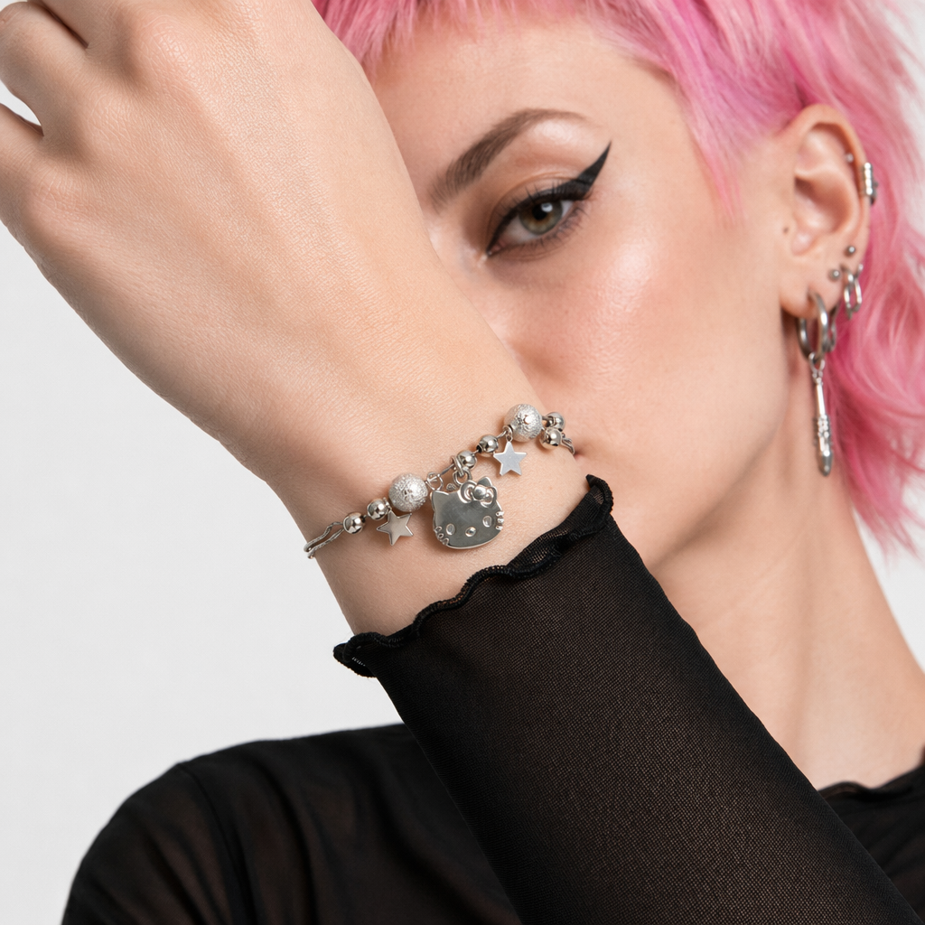 Kawaii Beaded Bracelets Inspired by Sanrio Characters Silver Kitty