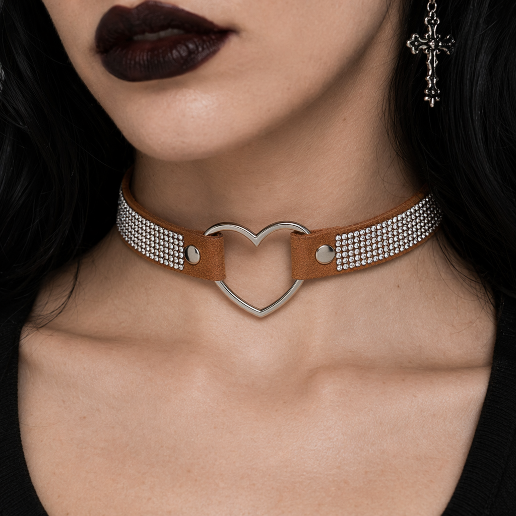 Rhinestone Heart Choker Necklace for Kawaii Aesthetic Princesses Light Brown