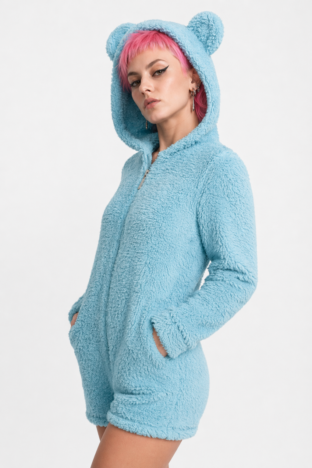 Adorable Vegan Fur Baby Bear Zippered Onesie with Ears Sky Blue