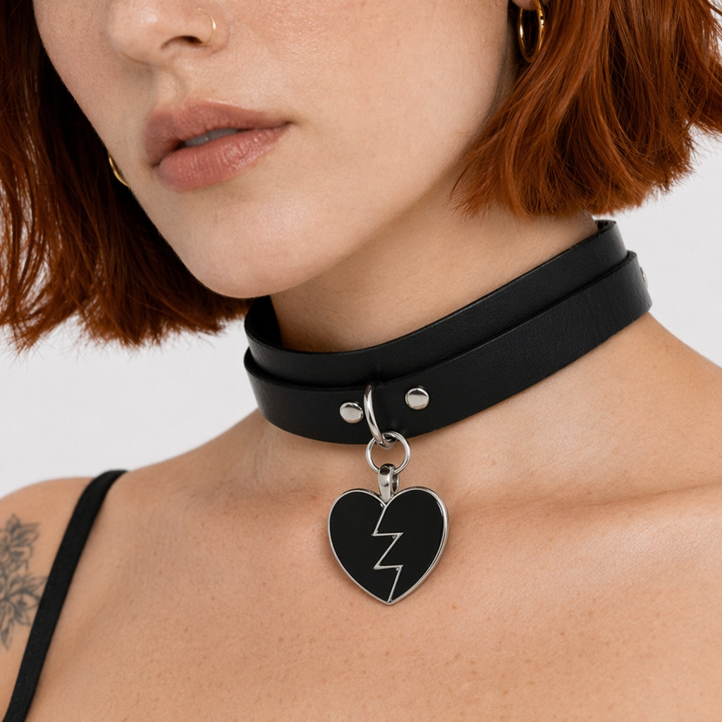 Heart Breaker Vegan Leather Choker for Kinky Princesses Black Collar