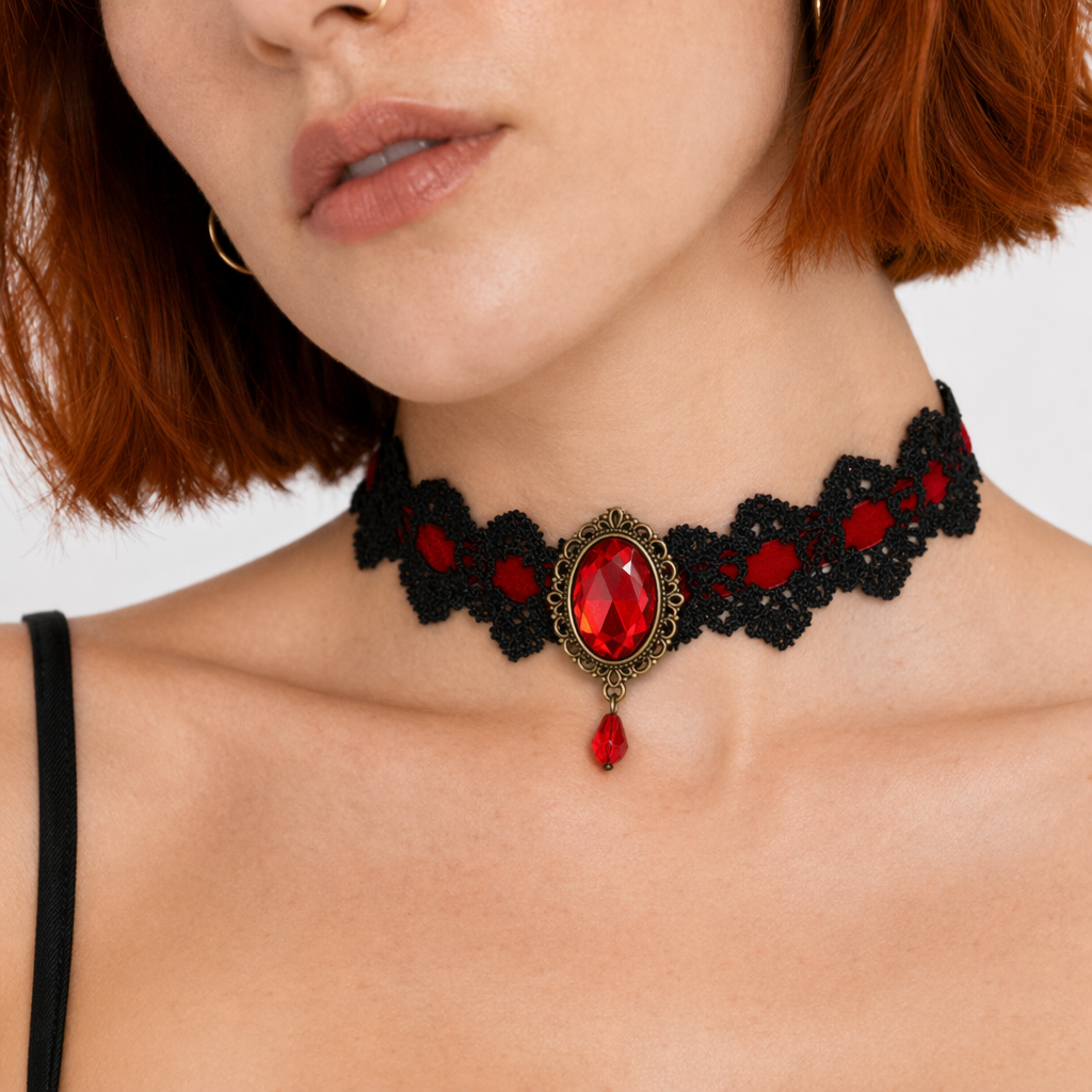 Elegant Victorian Style Choker Necklace with Gold Hardware Red