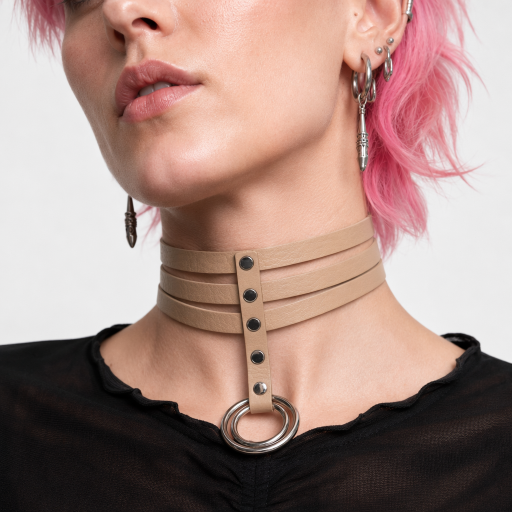 Vegan Leather High Elongated Collar with Built-in O-Ring Hook Nude