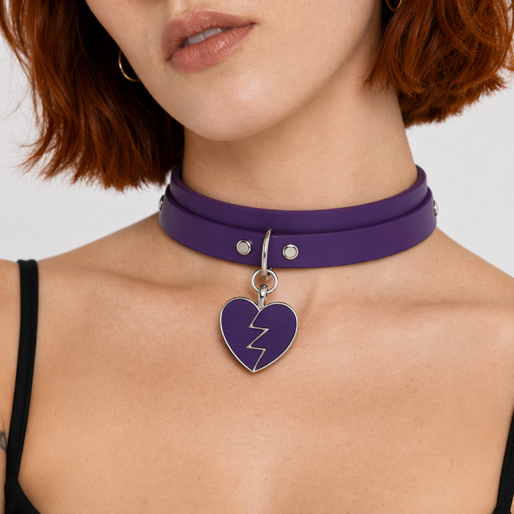 Heart Breaker Vegan Leather Choker for Kinky Princesses Purple Collar