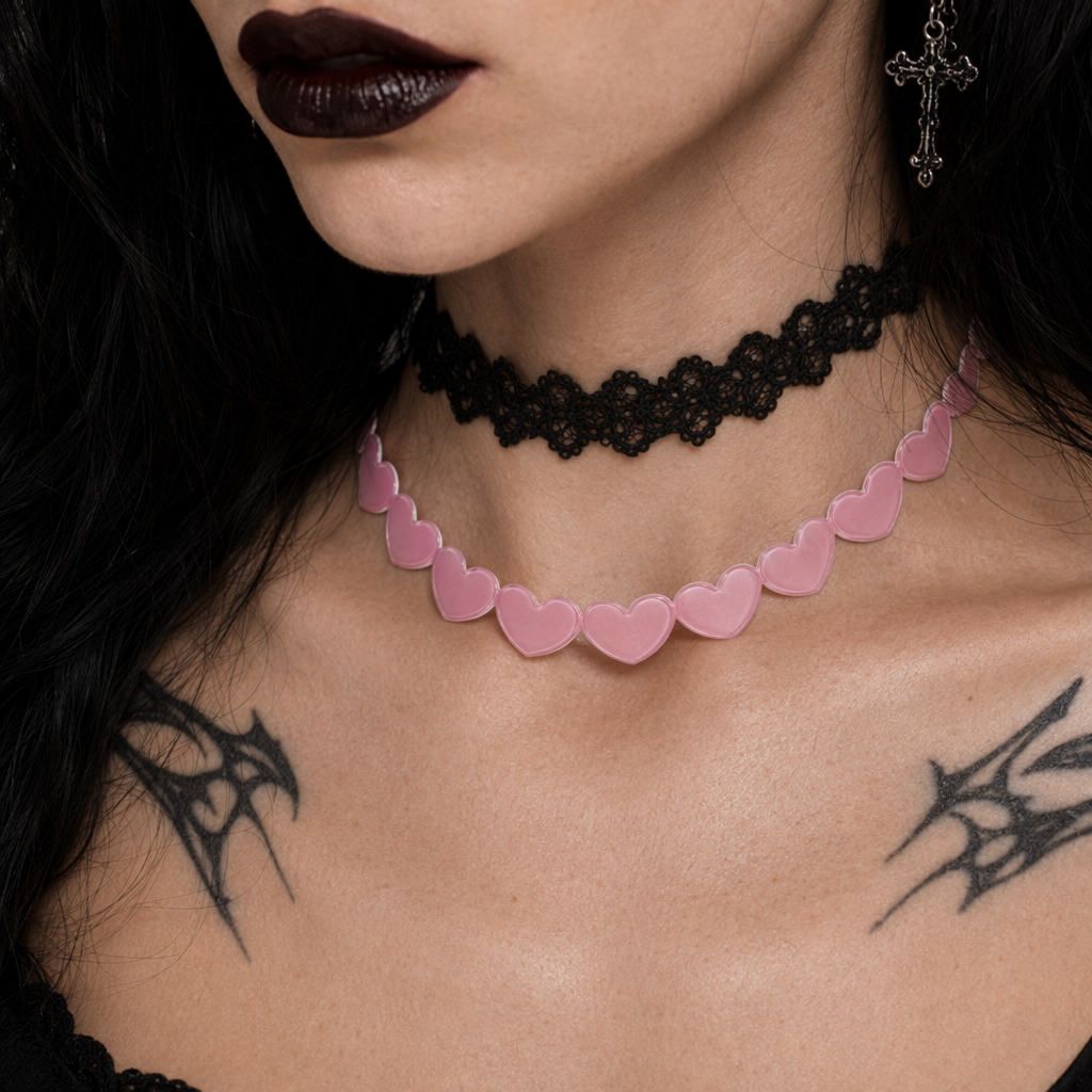 Pastel Heart Tattoo Necklace with Clasp Closure for a Dainty Look Pink