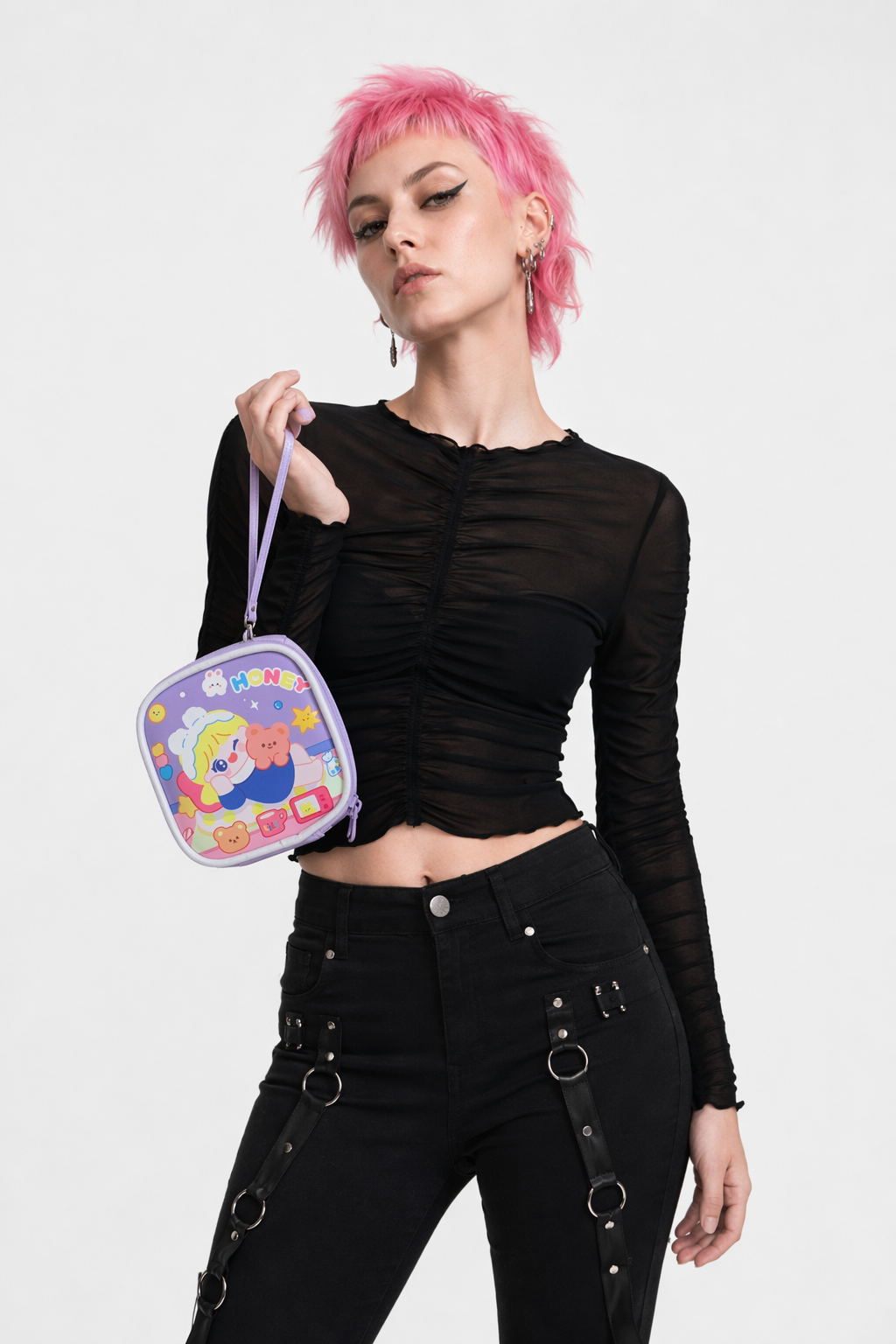 Bold Kawaii Patterned Pouch for Cords and Chargers Purple Honey Girl