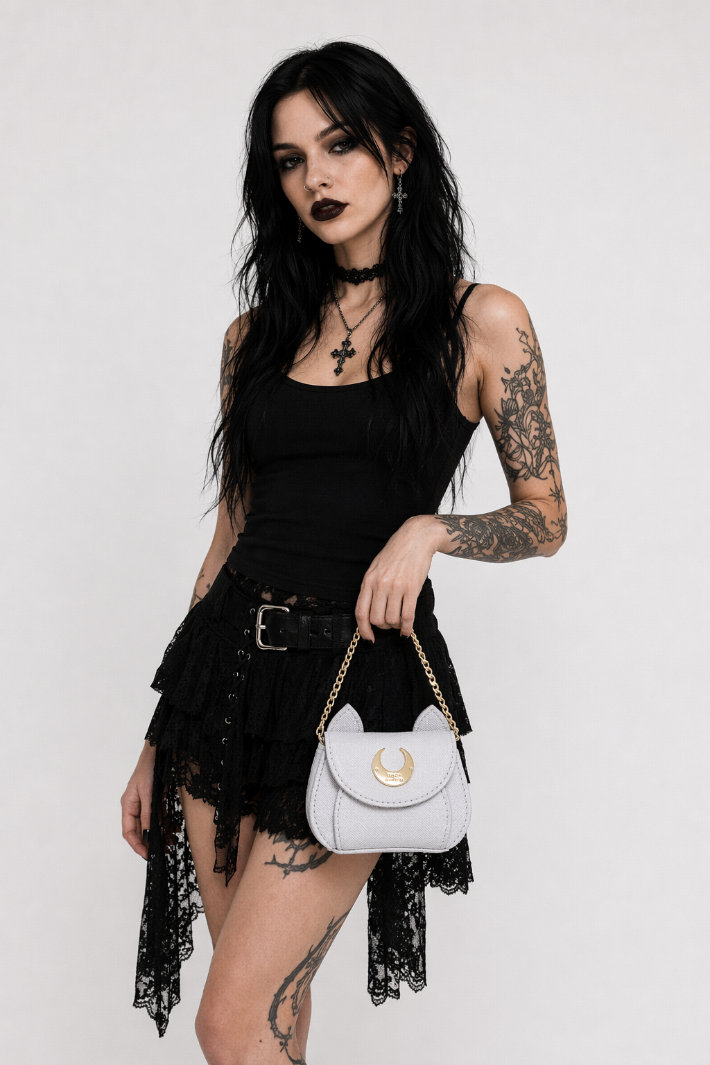 Stunning White Magical Girl Handbag with Cat Print Interior White
