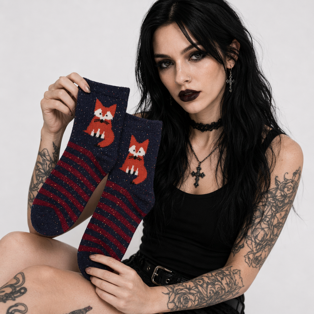 Snow Fox Christmas Socks with Embroidered Design and Vibrant Colors Striped Fox