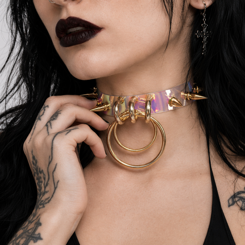 Punk Rock Clear Choker with Spiked Metal Detail and O-Ring Hooks Default