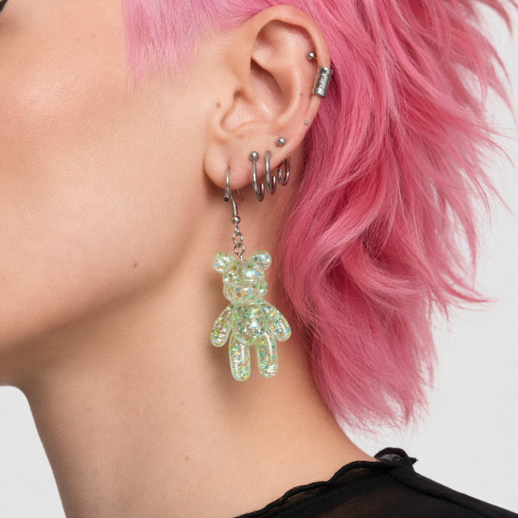 Kawaii Large Bear Earrings in Bright Glittery Colors Green