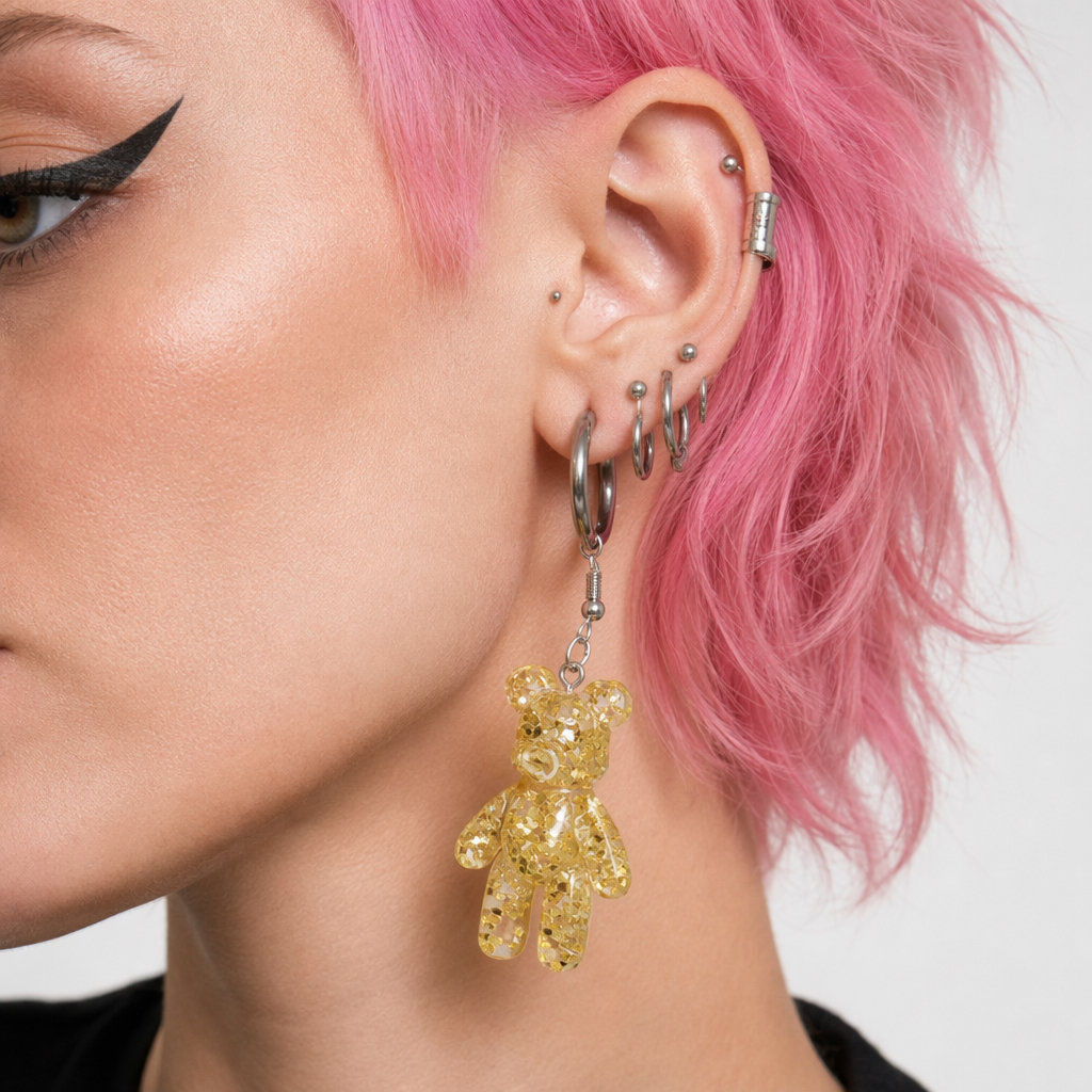 Kawaii Large Bear Earrings in Bright Glittery Colors Gold