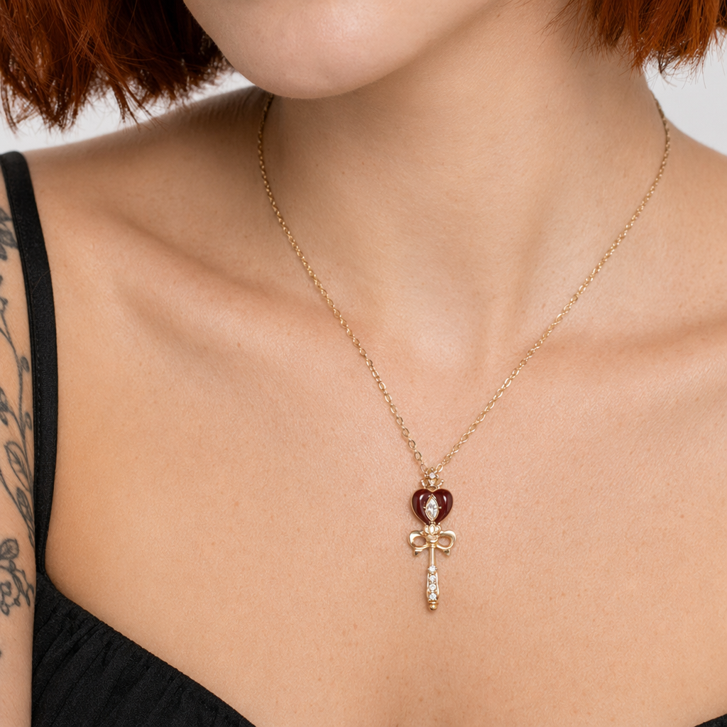 Gold Plated Magical Girl Inspired Necklace with Rhinestone Embellishments Heart Wand