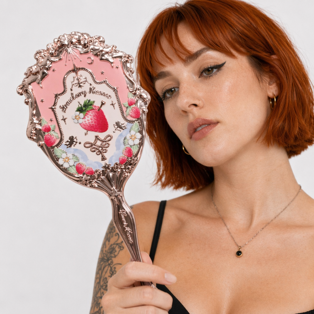 Glittering Strawberry Berry Angelic Makeup Mirror for Vanity Display Pink