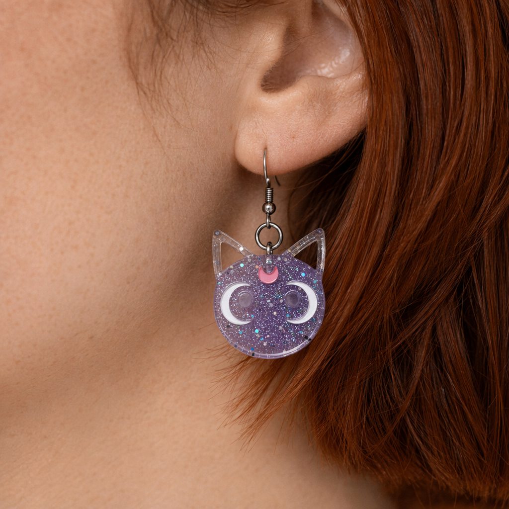 Glittery Cat Earrings with Half Moons in Resin Art Purple