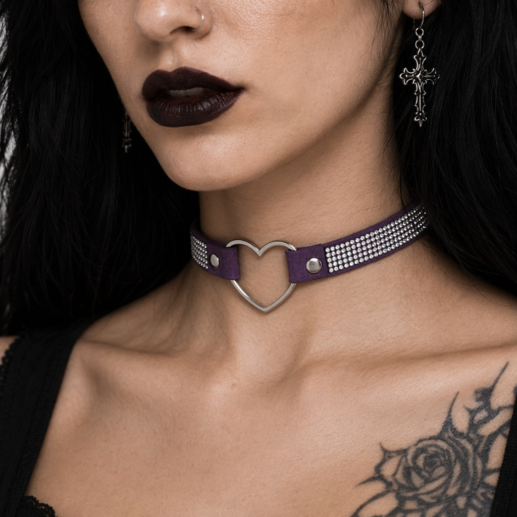 Rhinestone Heart Choker Necklace for Kawaii Aesthetic Princesses Dark Purple