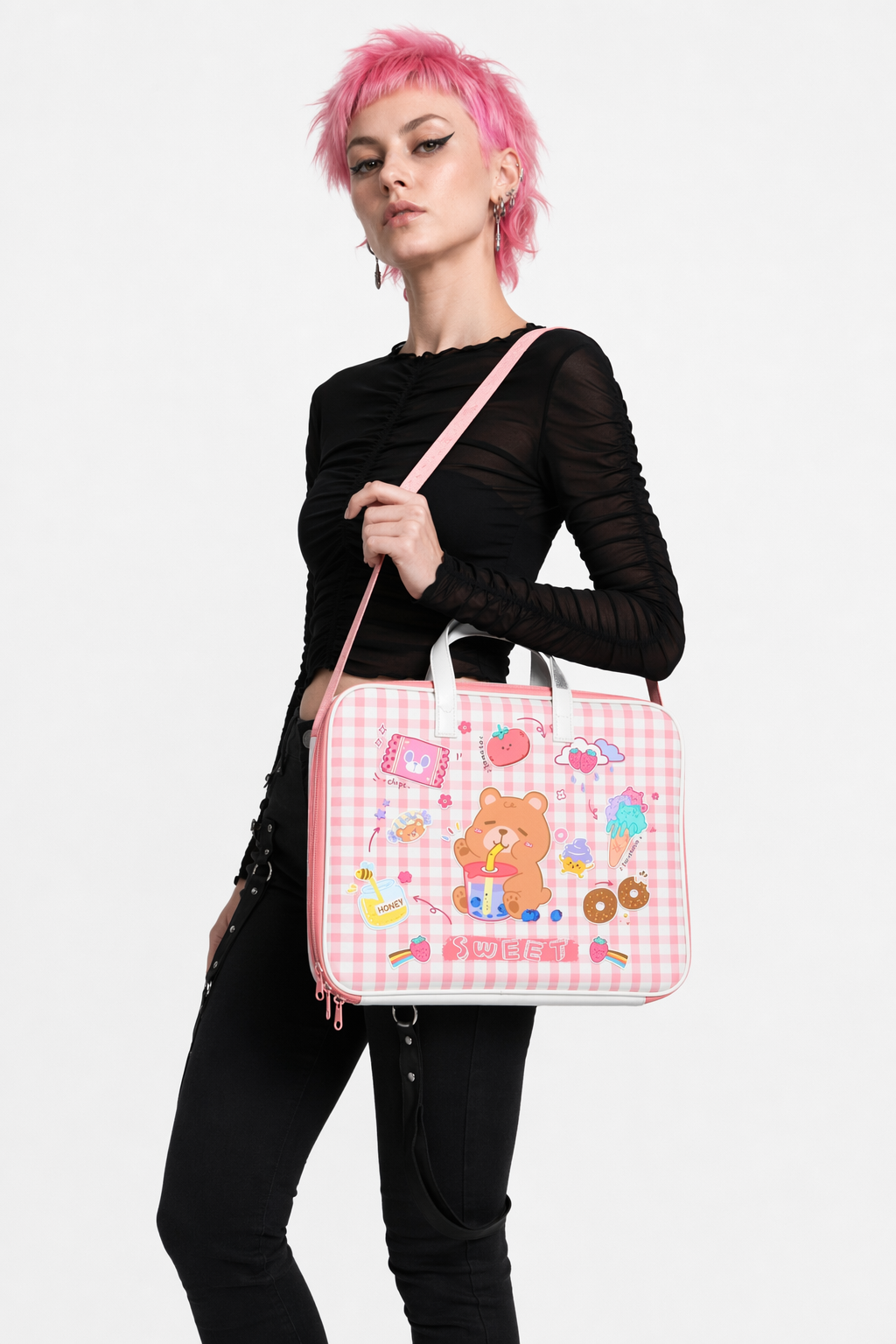 Milky Pastel Fairy-Kei Laptop Cover for Kawaii Aesthetic Lovers Sweet Plaid Bear
