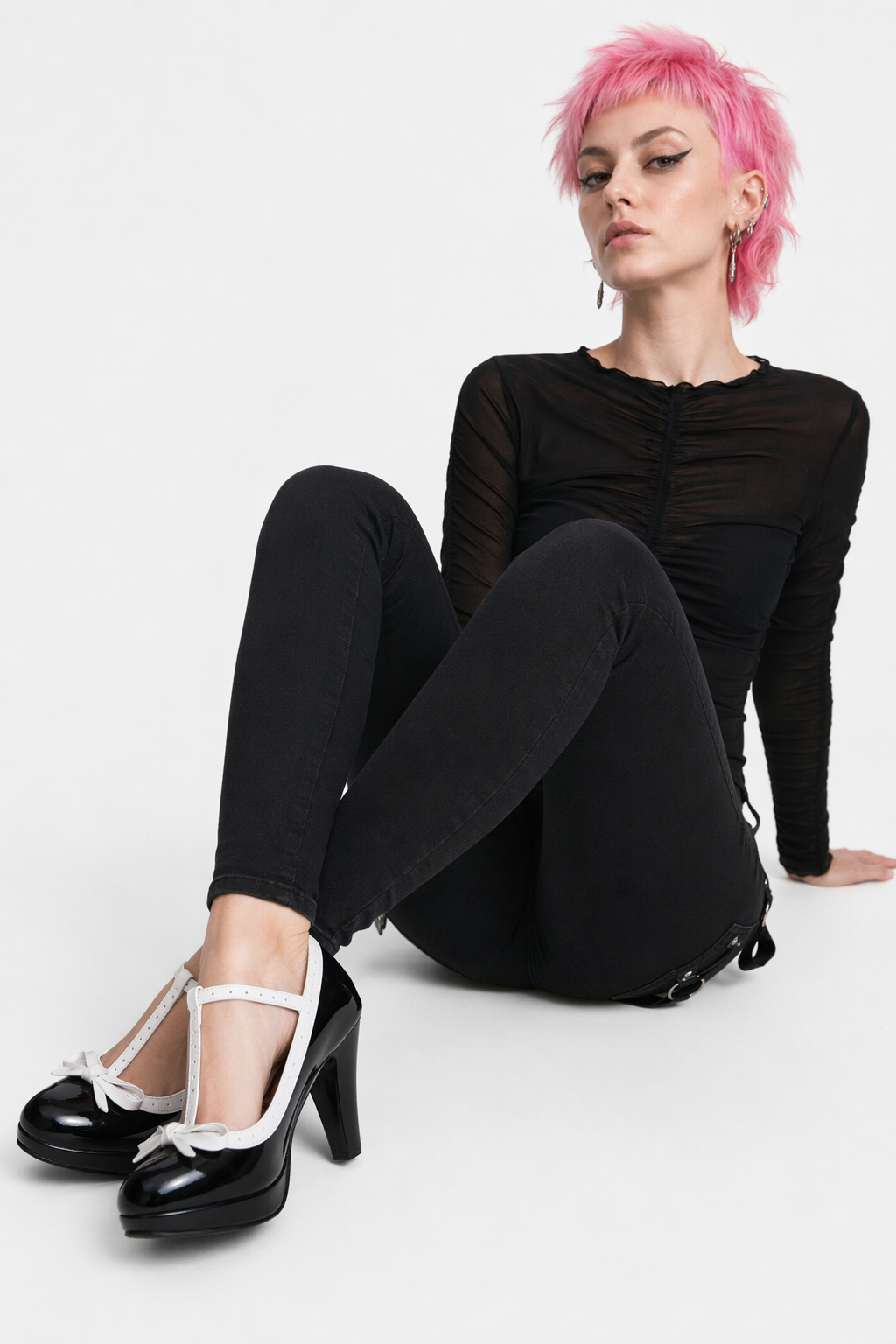Sweet Lolita Heels with Lace Trim and Bow in Toe Version Black T-Bar