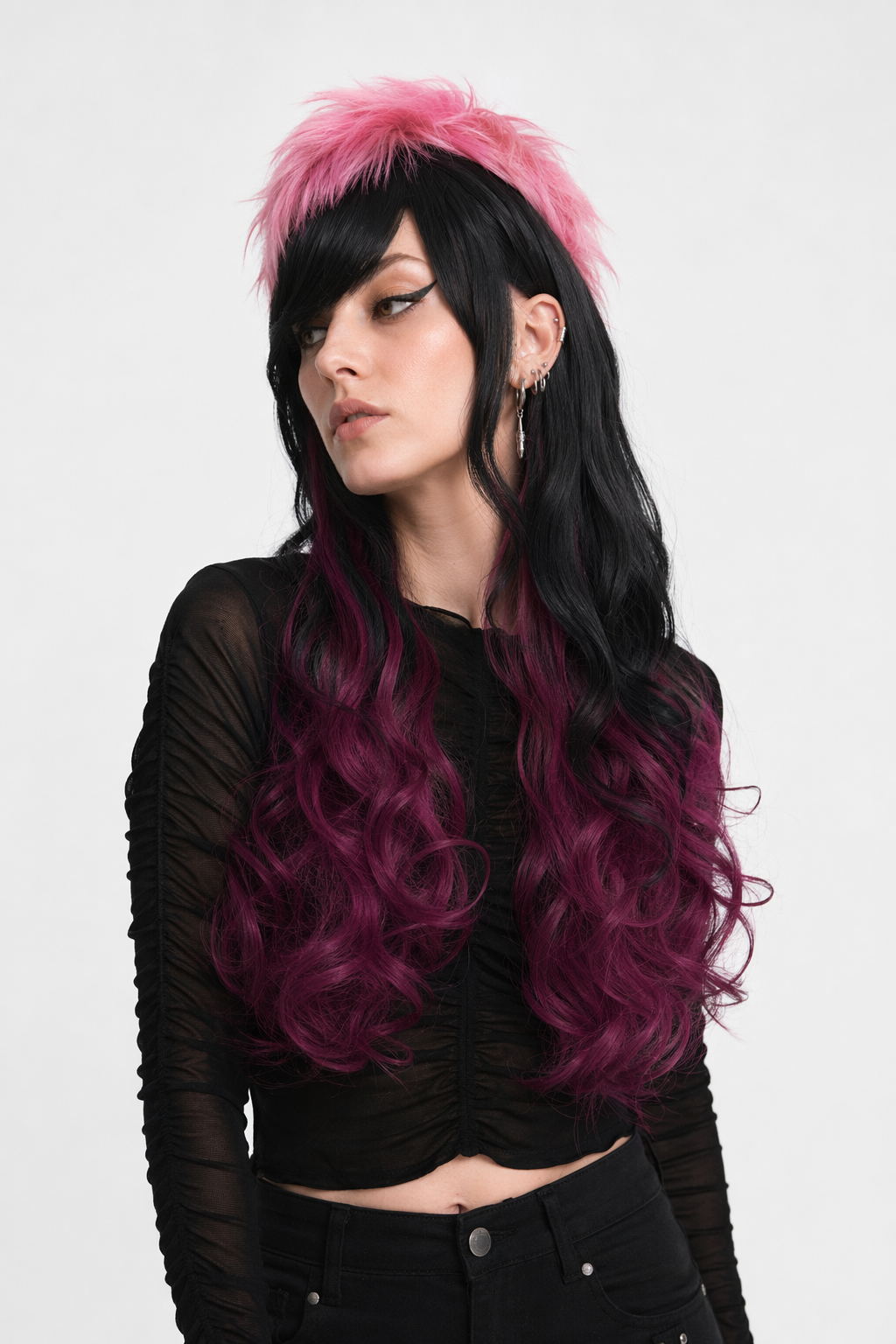 Stunning Long Cosplay Wig with Soft Fringe in Stylish Colors Curly Black Red