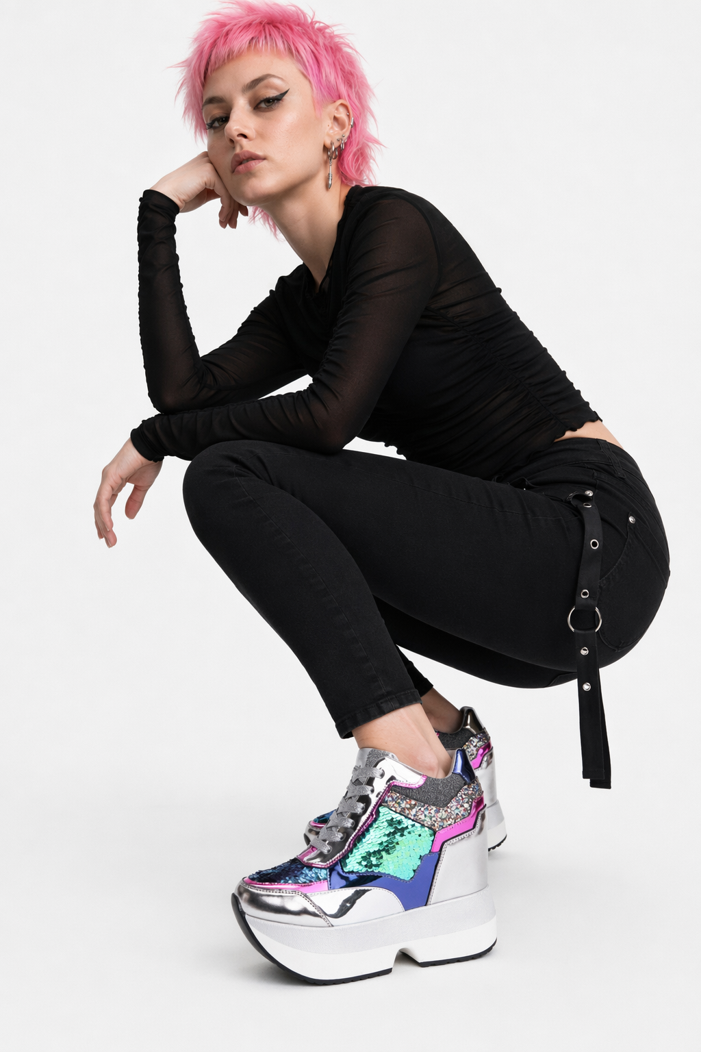 Kawaii Punk Rock Sequin Shoes Inspired by Harajuku Street Fashion Silver