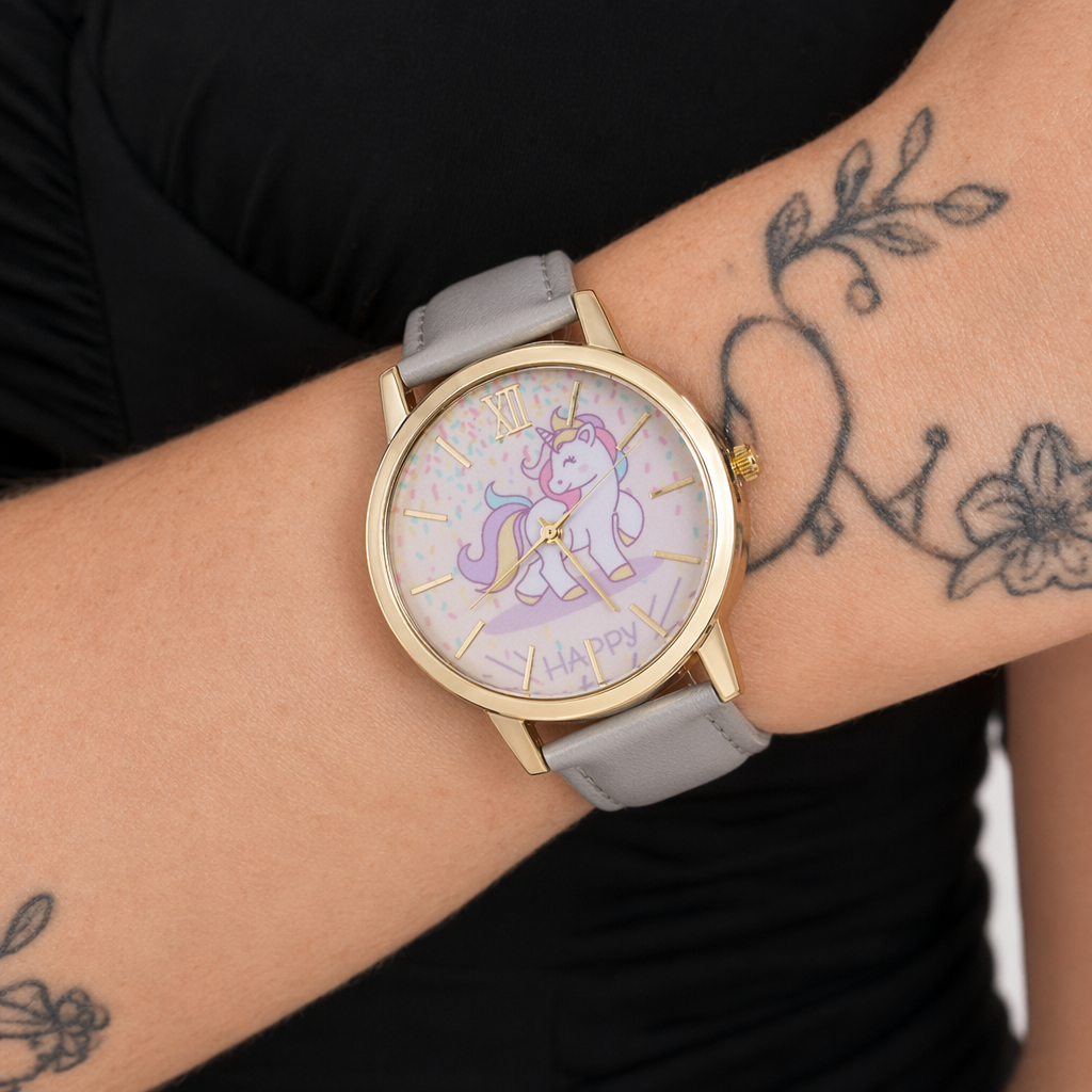 Magical Unicorn Wrist Watch with Gold Plated Hardware and Vegan Leather Grey