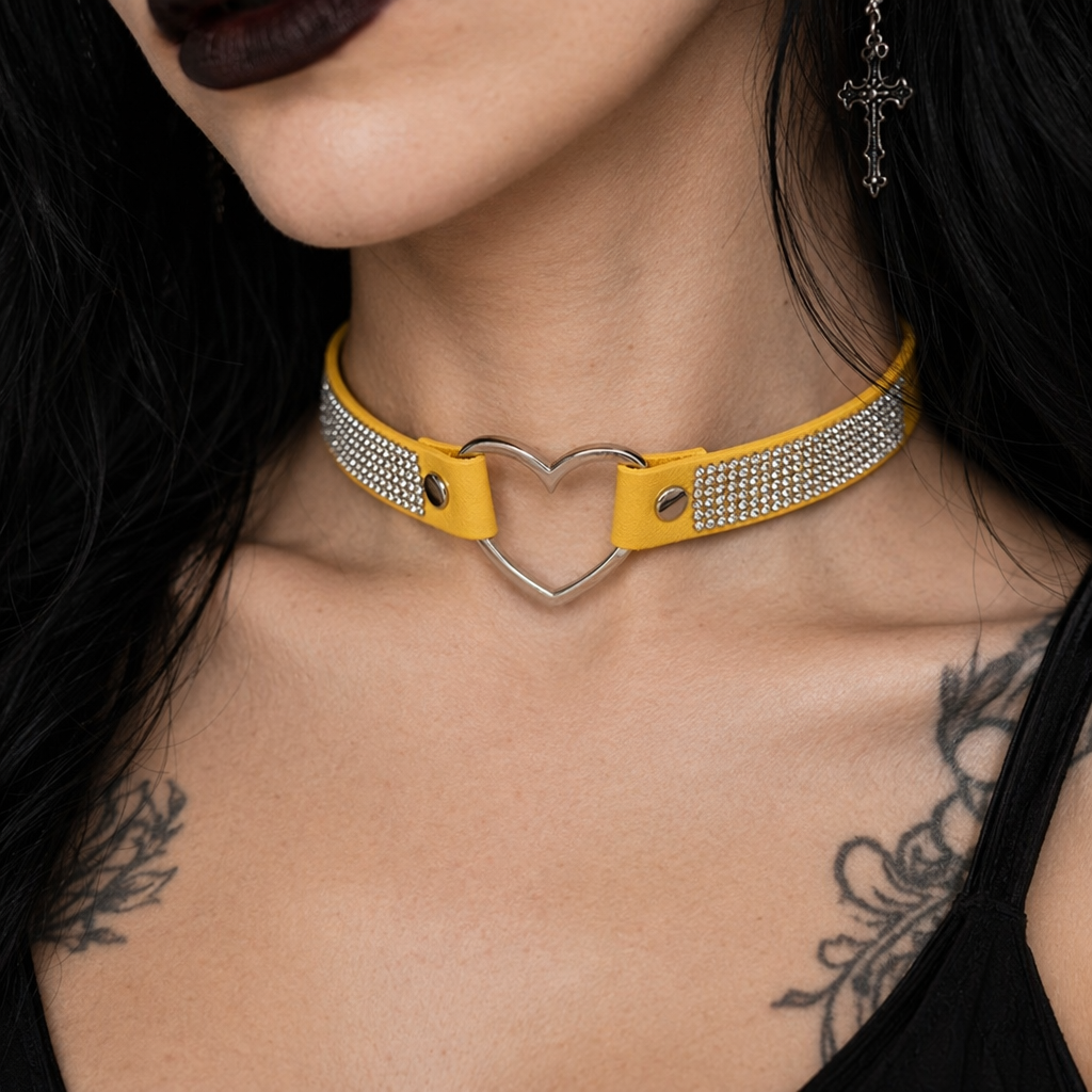 Rhinestone Heart Choker Necklace for Kawaii Aesthetic Princesses Yellow