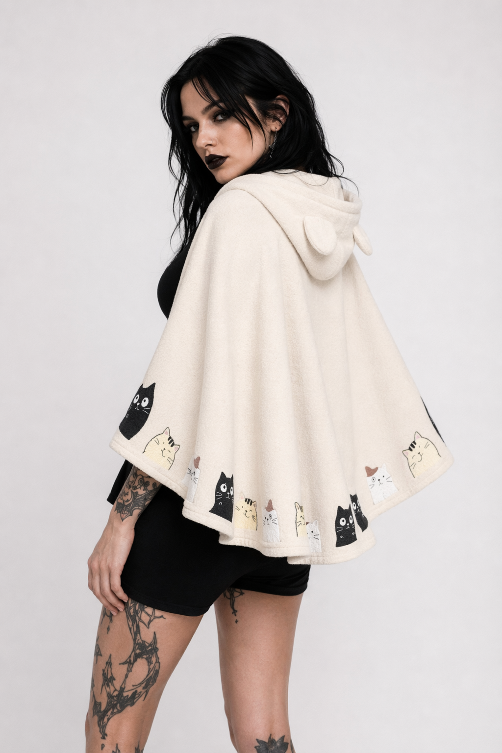 Cat Family Poncho Cape with Bear Ears for Kawaii Fashion Lovers Beige