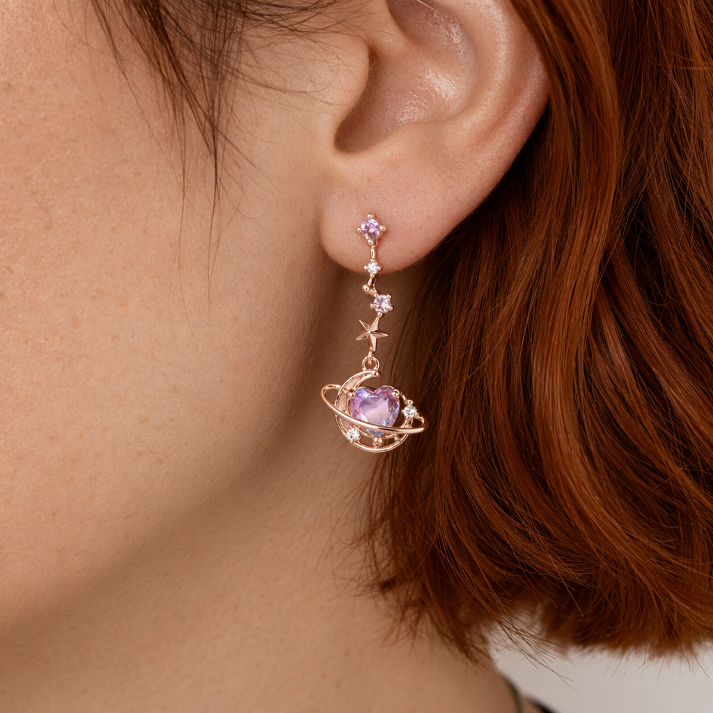 Dainty Heart Planet Earrings with Rhinestones and Gem Details Rose Gold