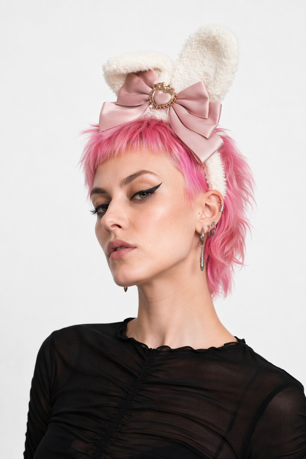 Luxurious Bunny Ears Headband with Satin Ribbons and Jewels Dusty Rose