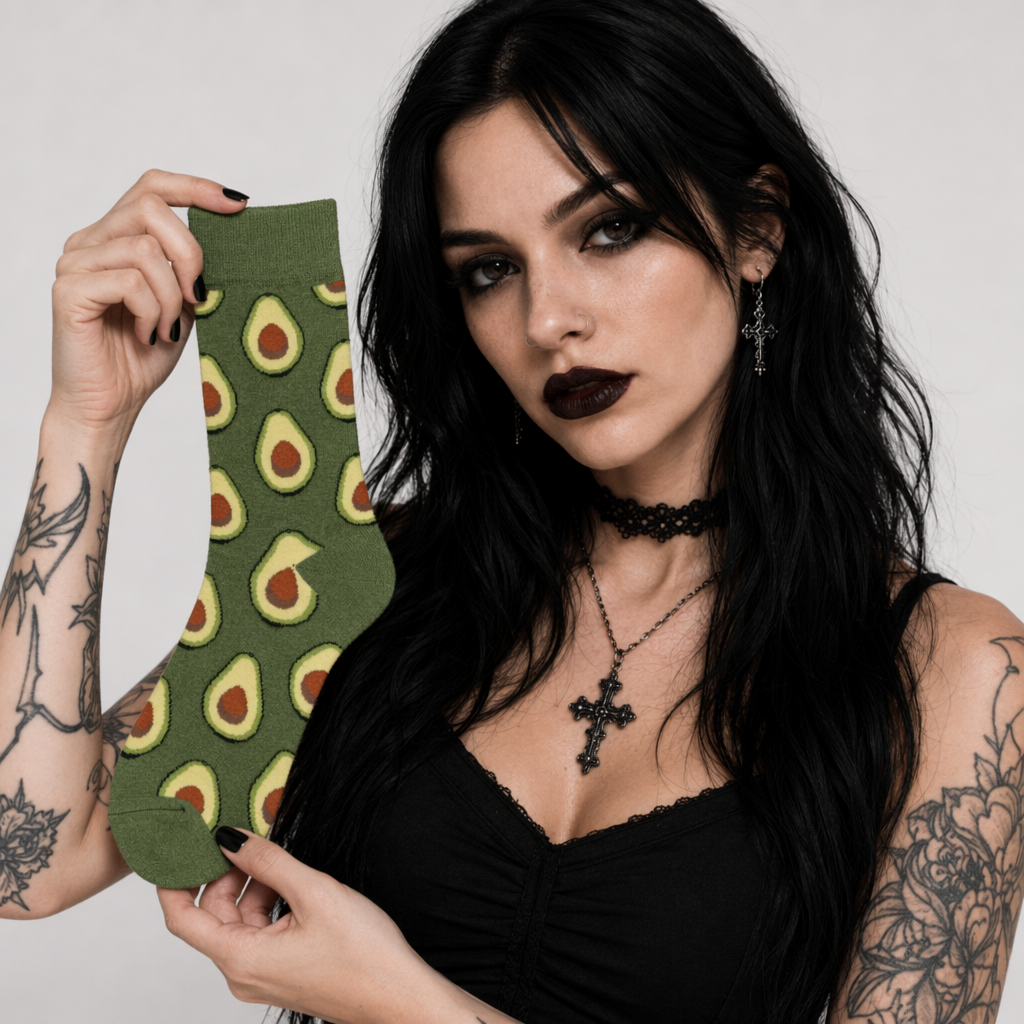 Cute Avocado Socks with Kawaii Face and Striped Design Avocado Collage