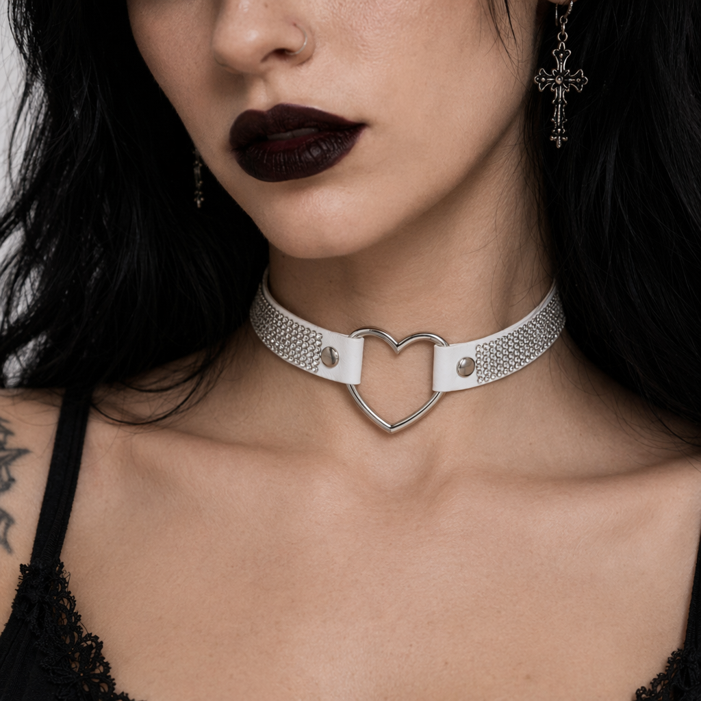Rhinestone Heart Choker Necklace for Kawaii Aesthetic Princesses White