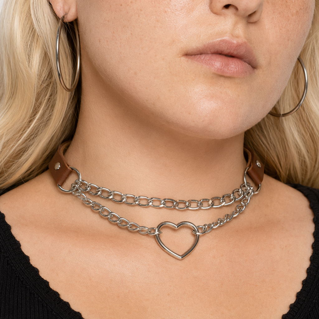 Thick Vegan Leather Chained Heart Choker Necklace Brown