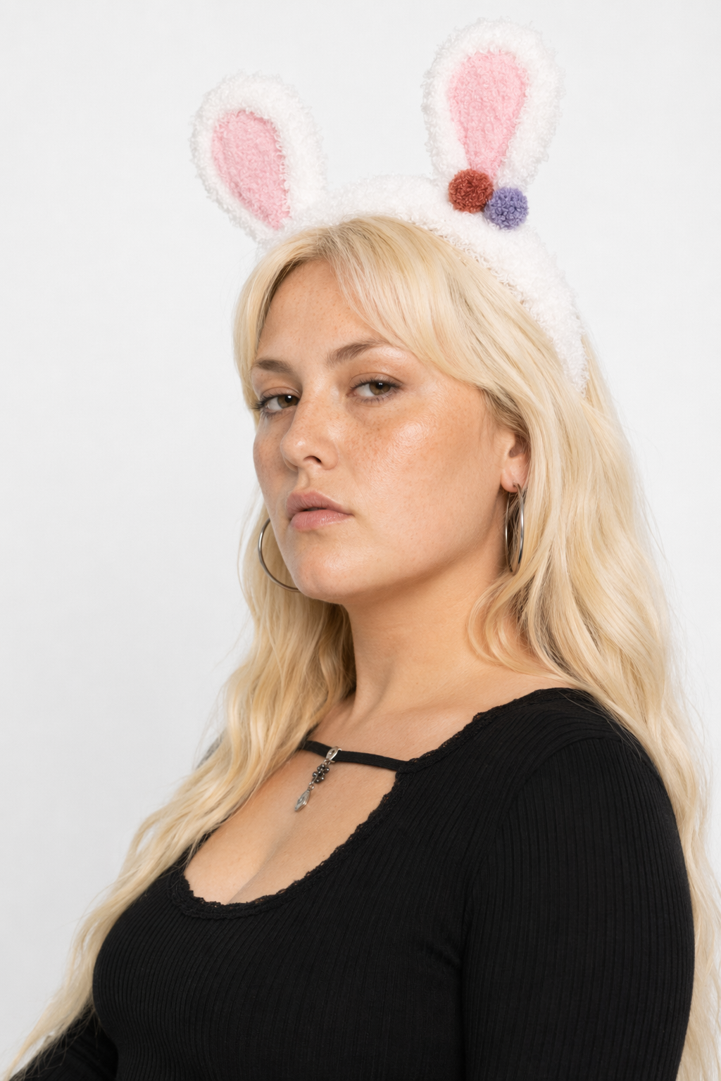 Fluffy Bunny-Eared Headband with Cute Pom Poms White