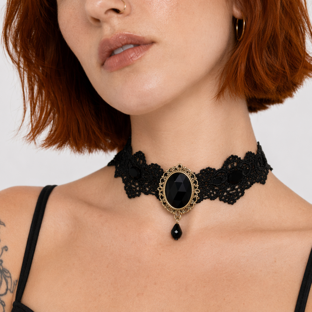 Elegant Victorian Style Choker Necklace with Gold Hardware Black