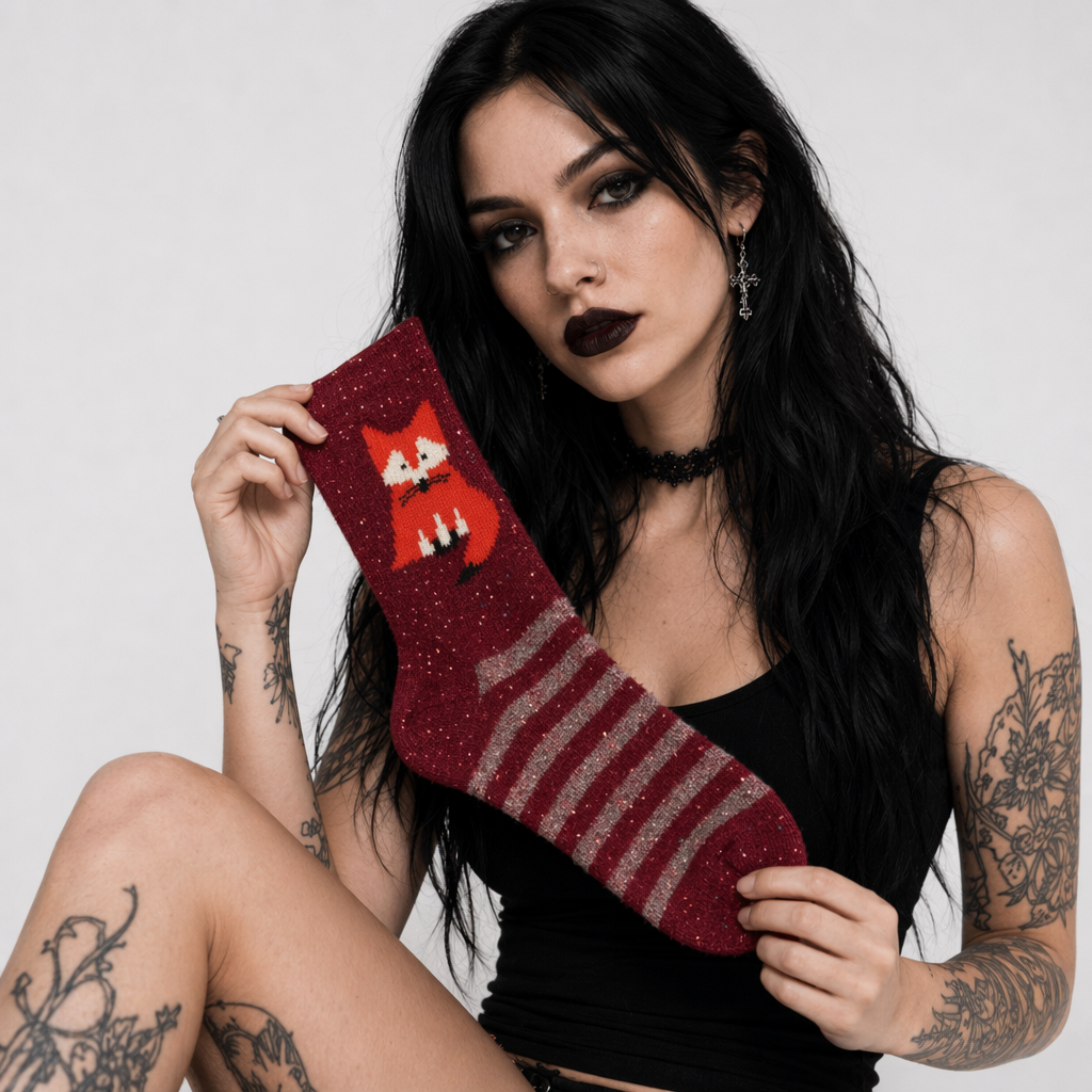 Snow Fox Christmas Socks with Embroidered Design and Vibrant Colors Red Fox Stripes