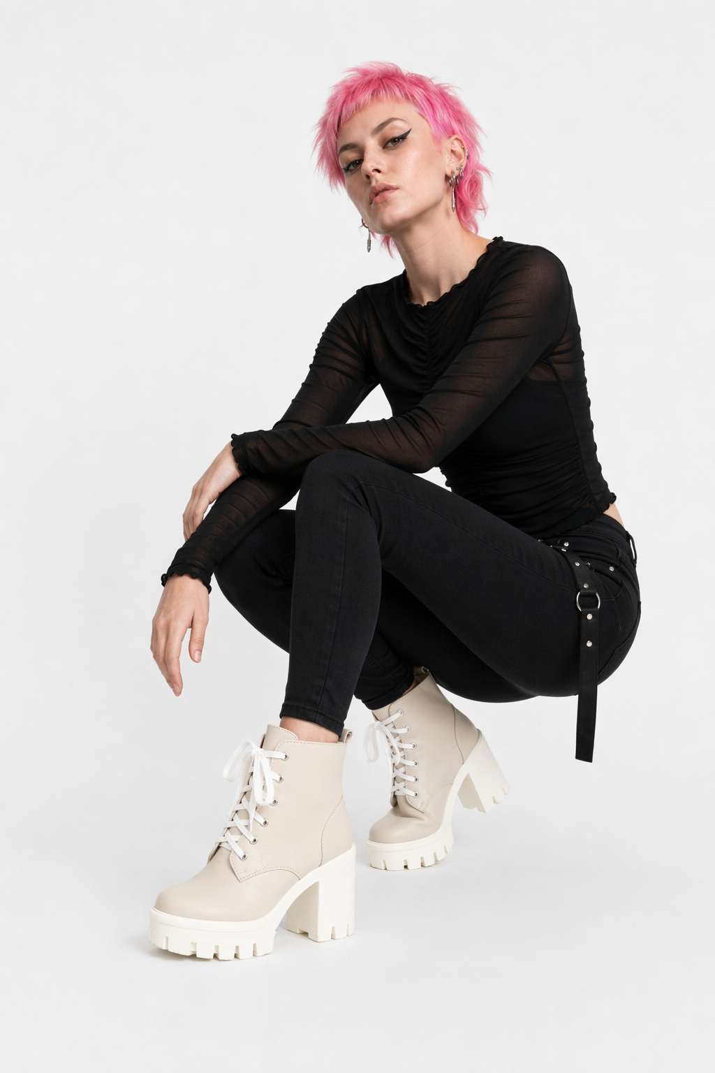 Chunky Square Heel Ankle Boots with Beautiful White Laces in Vegan Leather Cream