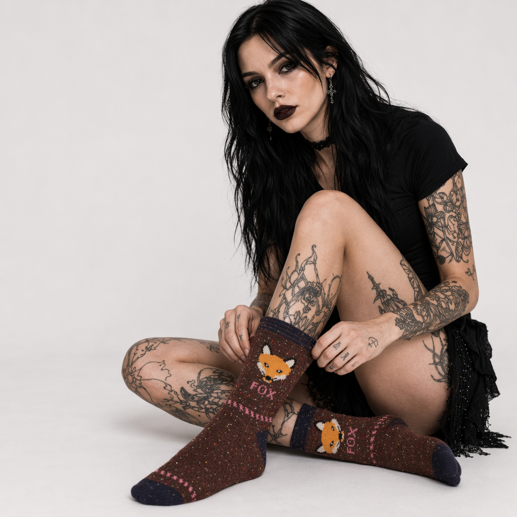 Snow Fox Christmas Socks with Embroidered Design and Vibrant Colors Brown Fox