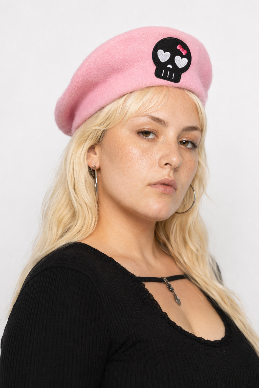 Pink Menhera Nurse Beret for Kawaii Fashion Enthusiasts Pink Black Skull